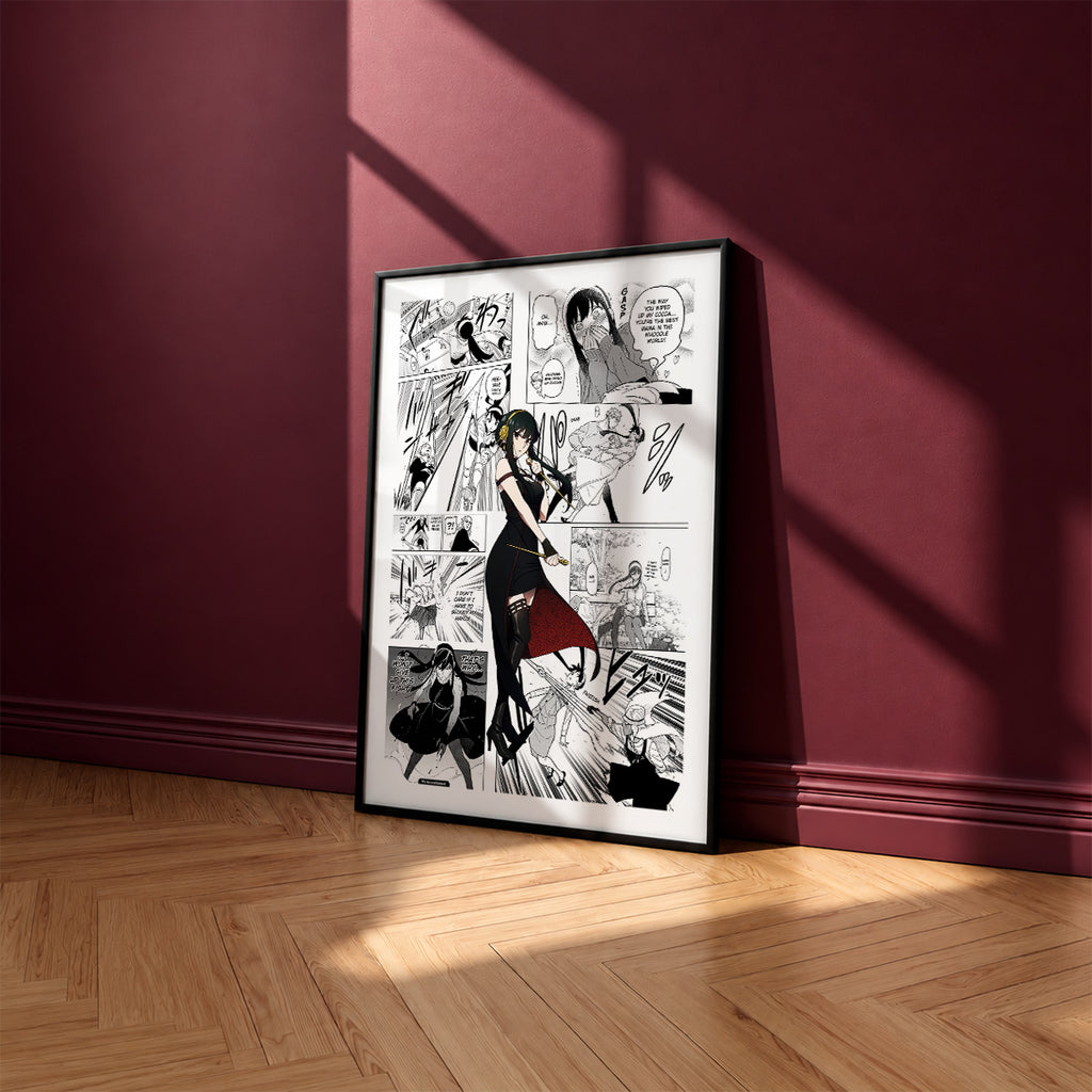 Yor Forger manga poster inspired by Spy x Family in a black frame against a burgundy wall
