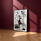 Yor Forger manga poster inspired by Spy x Family in a black frame against a burgundy wall
