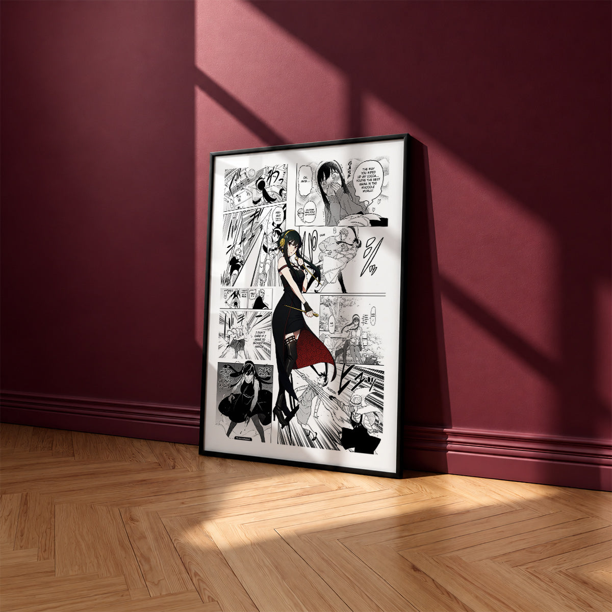 Yor Forger manga poster inspired by Spy x Family in a black frame against a burgundy wall