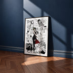 Yor Forger manga poster inspired by Spy x Family in a black frame against a navy blue wall