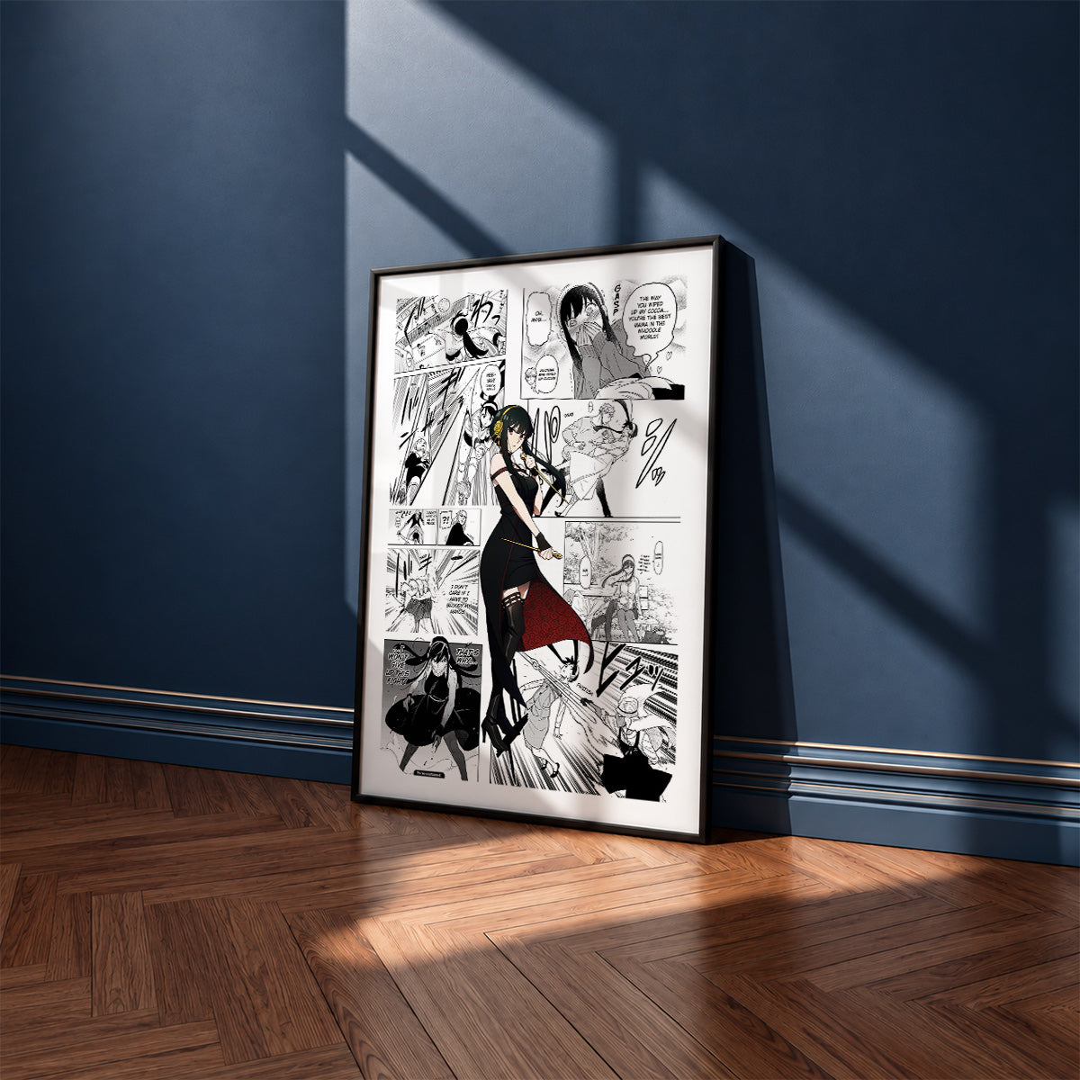 Yor Forger manga poster inspired by Spy x Family in a black frame against a navy blue wall