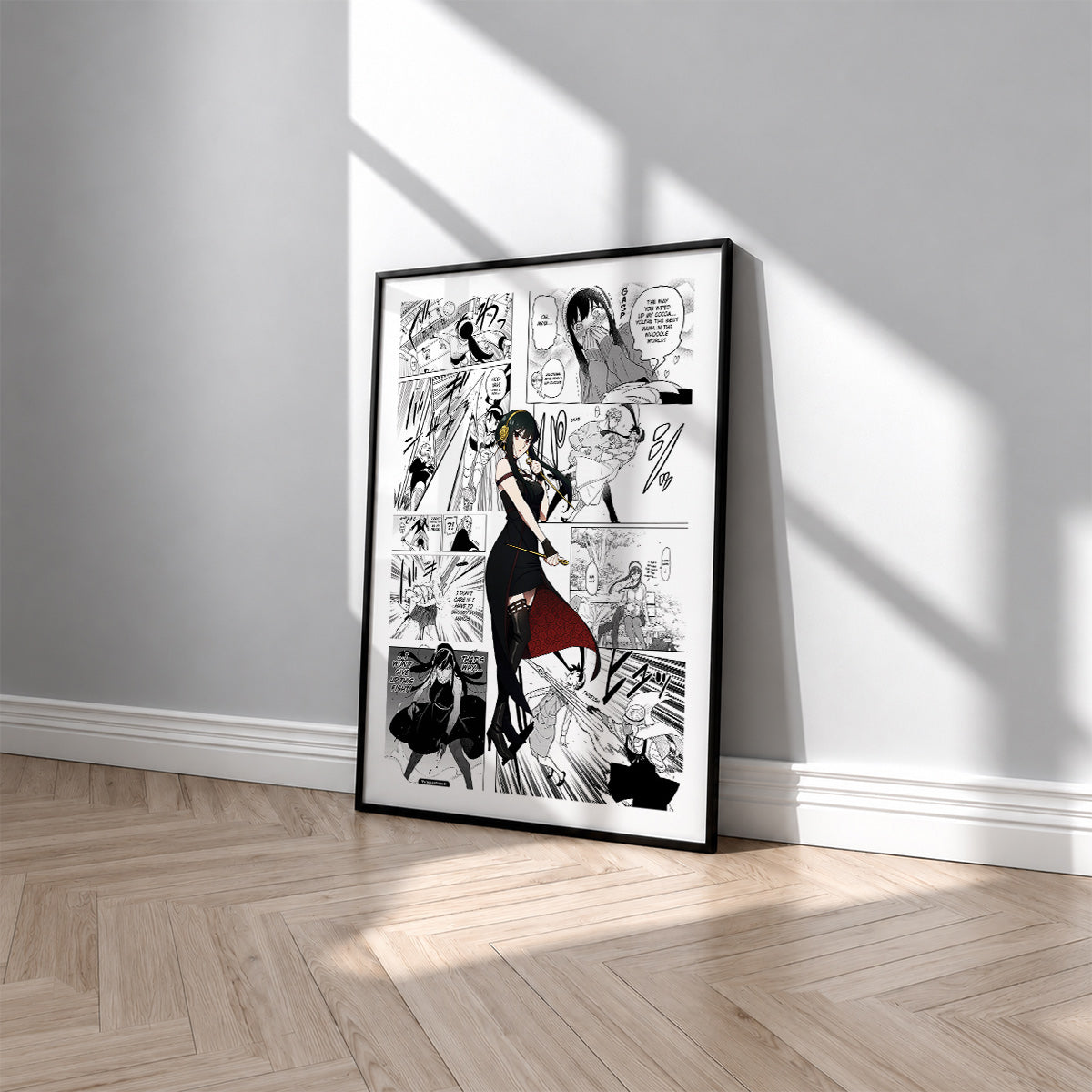 Yor Forger manga poster inspired by Spy x Family in a black frame against a light gray wall
