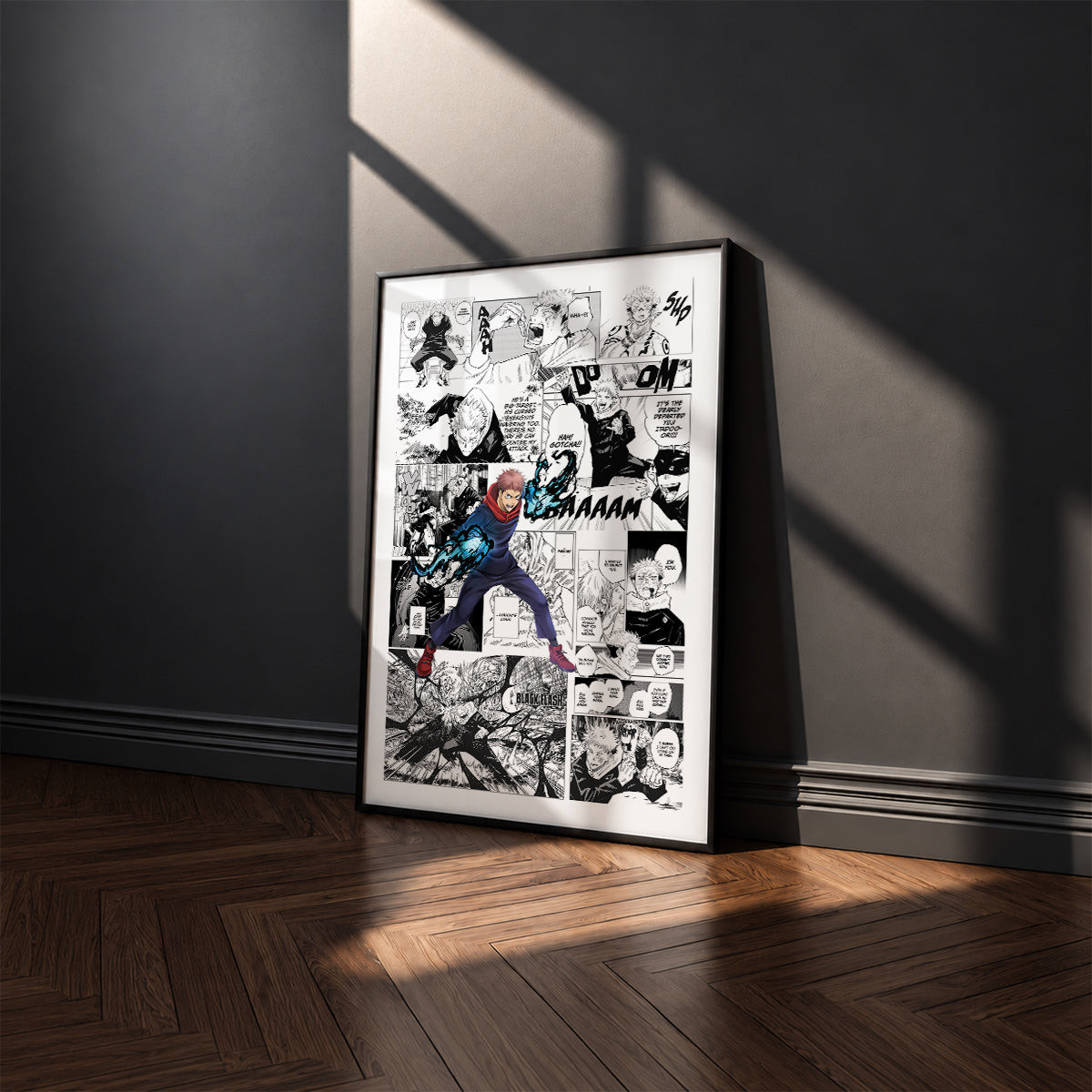 Yuji Itadori manga poster inspired by Jujutsu Kaisen in a black frame against a charcoal gray wall