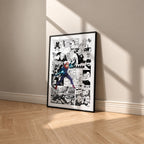 Yuji Itadori manga poster inspired by Jujutsu Kaisen in a black frame against a warm beige wall