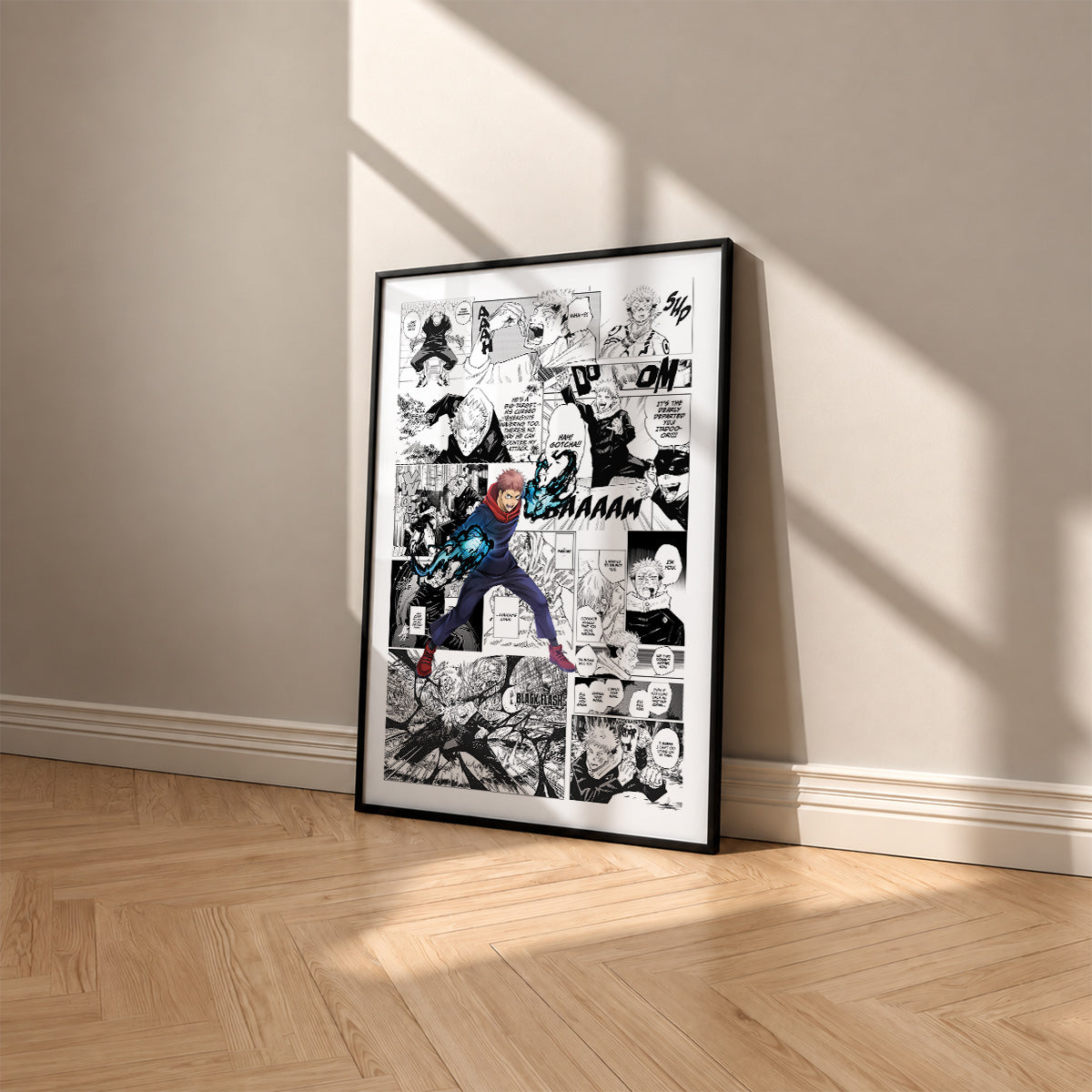 Yuji Itadori manga poster inspired by Jujutsu Kaisen in a black frame against a warm beige wall