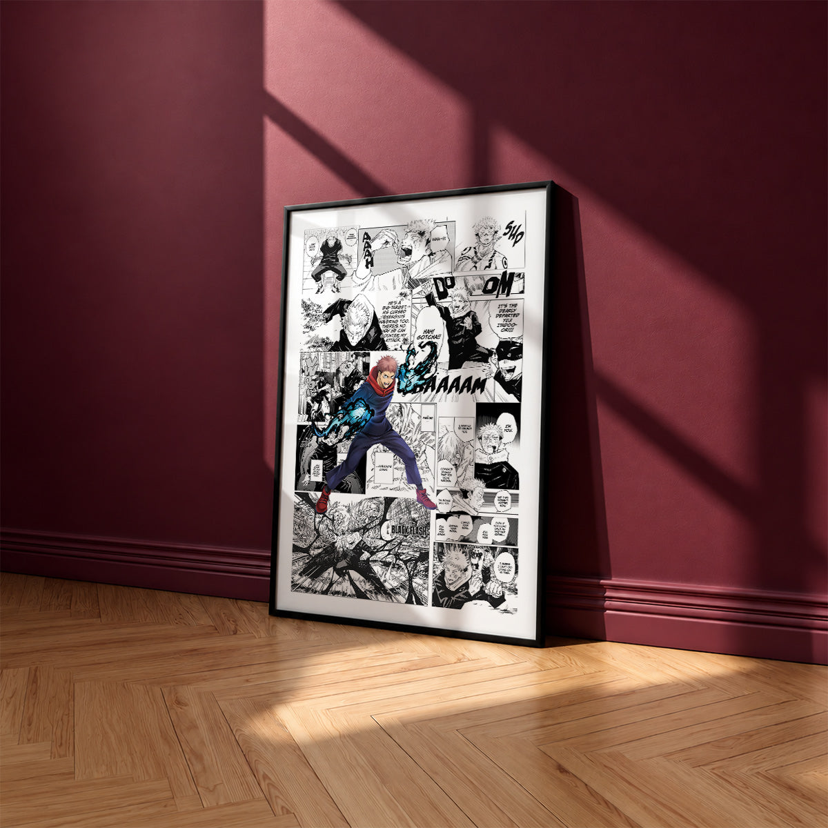 Yuji Itadori manga poster inspired by Jujutsu Kaisen in a black frame against a burgundy wall