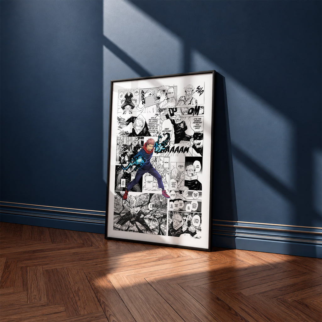 Yuji Itadori manga poster inspired by Jujutsu Kaisen in a black frame against a navy blue wall