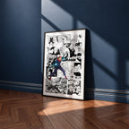 Yuji Itadori manga poster inspired by Jujutsu Kaisen in a black frame against a navy blue wall