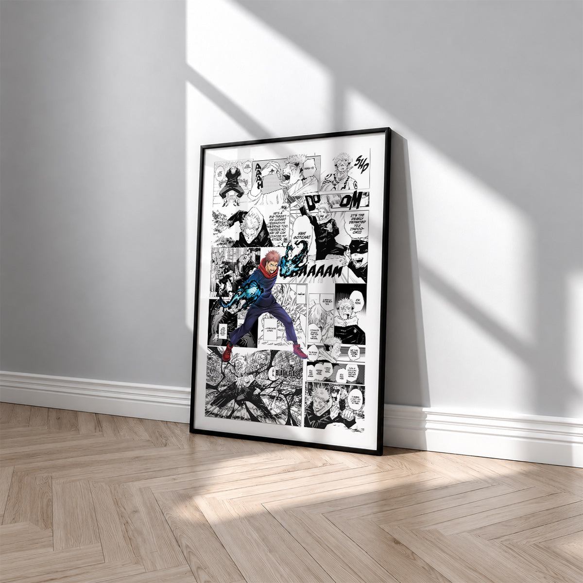 Yuji Itadori manga poster inspired by Jujutsu Kaisen in a black frame against a light gray wall