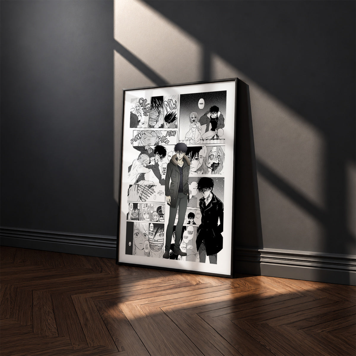 Yuki Anzai manga poster inspired by Devils' Line in a black frame against a charcoal gray wall