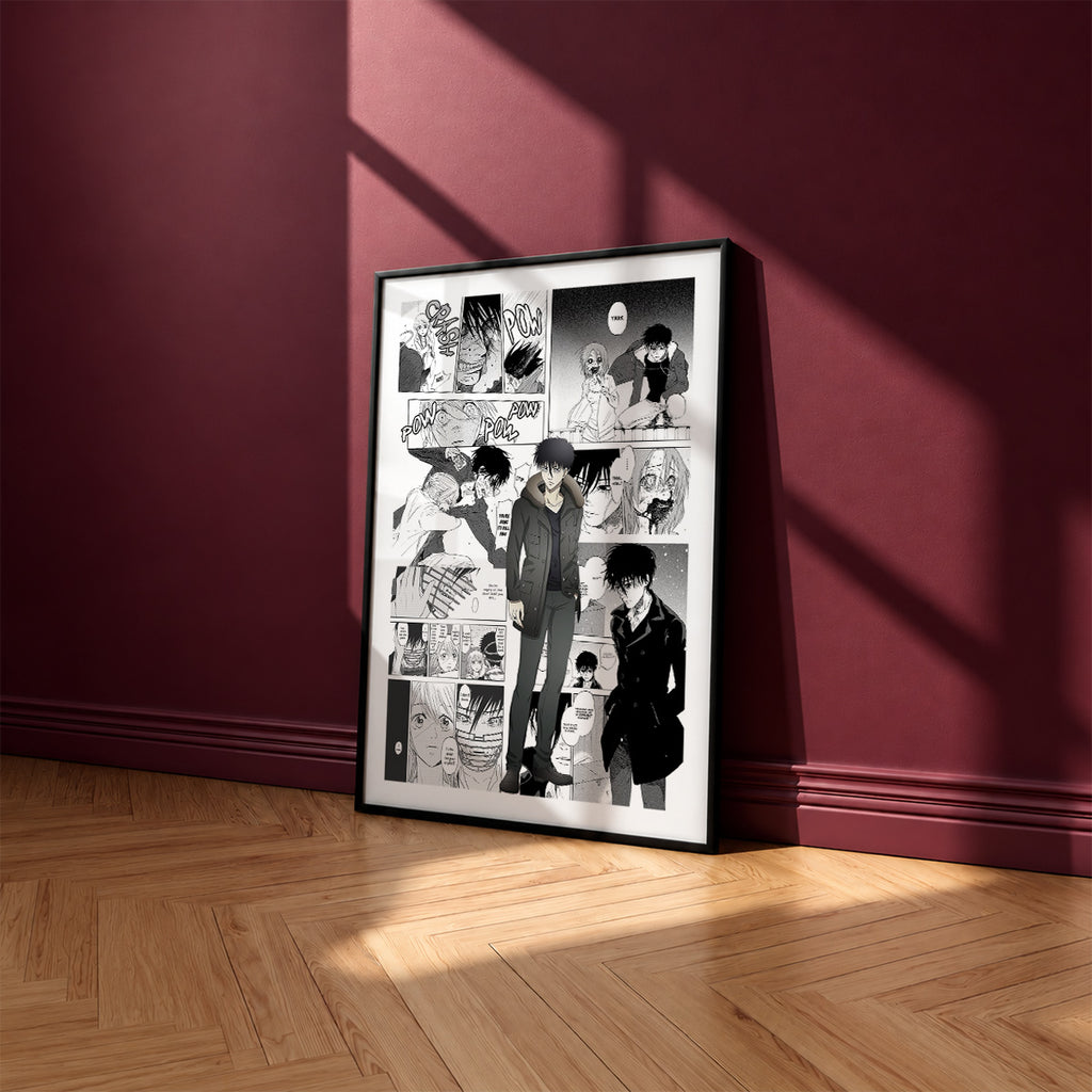 Yuki Anzai manga poster inspired by Devils' Line in a black frame against a burgundy wall