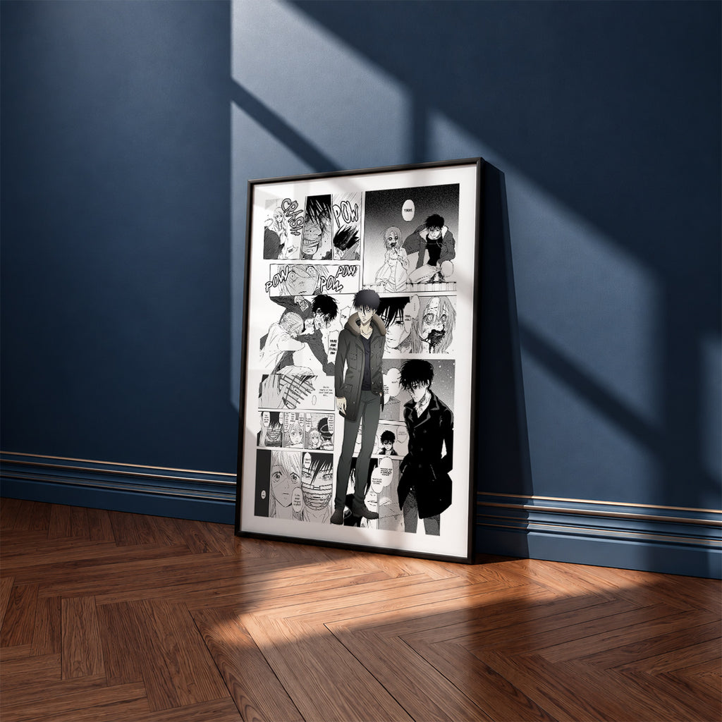 Yuki Anzai manga poster inspired by Devils' Line in a black frame against a navy blue wall