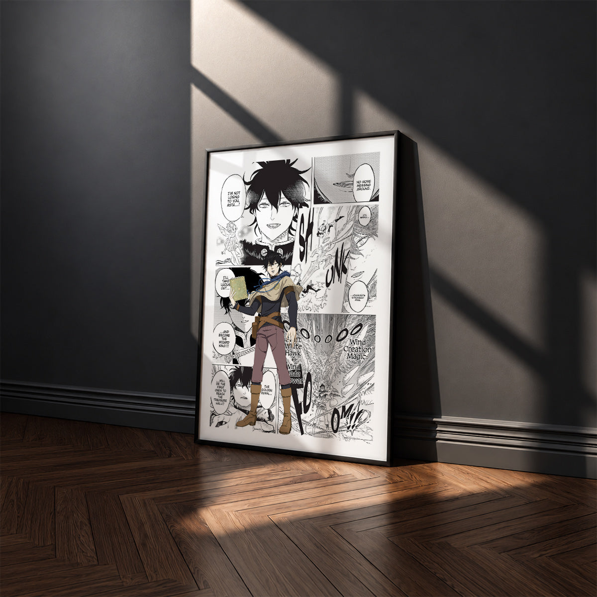 Yuno manga poster inspired by Black Clover in a black frame against a charcoal gray wall