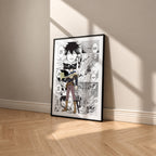 Yuno manga poster inspired by Black Clover in a black frame against a warm beige wall
