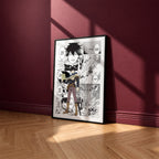Yuno manga poster inspired by Black Clover in a black frame against a burgundy wall