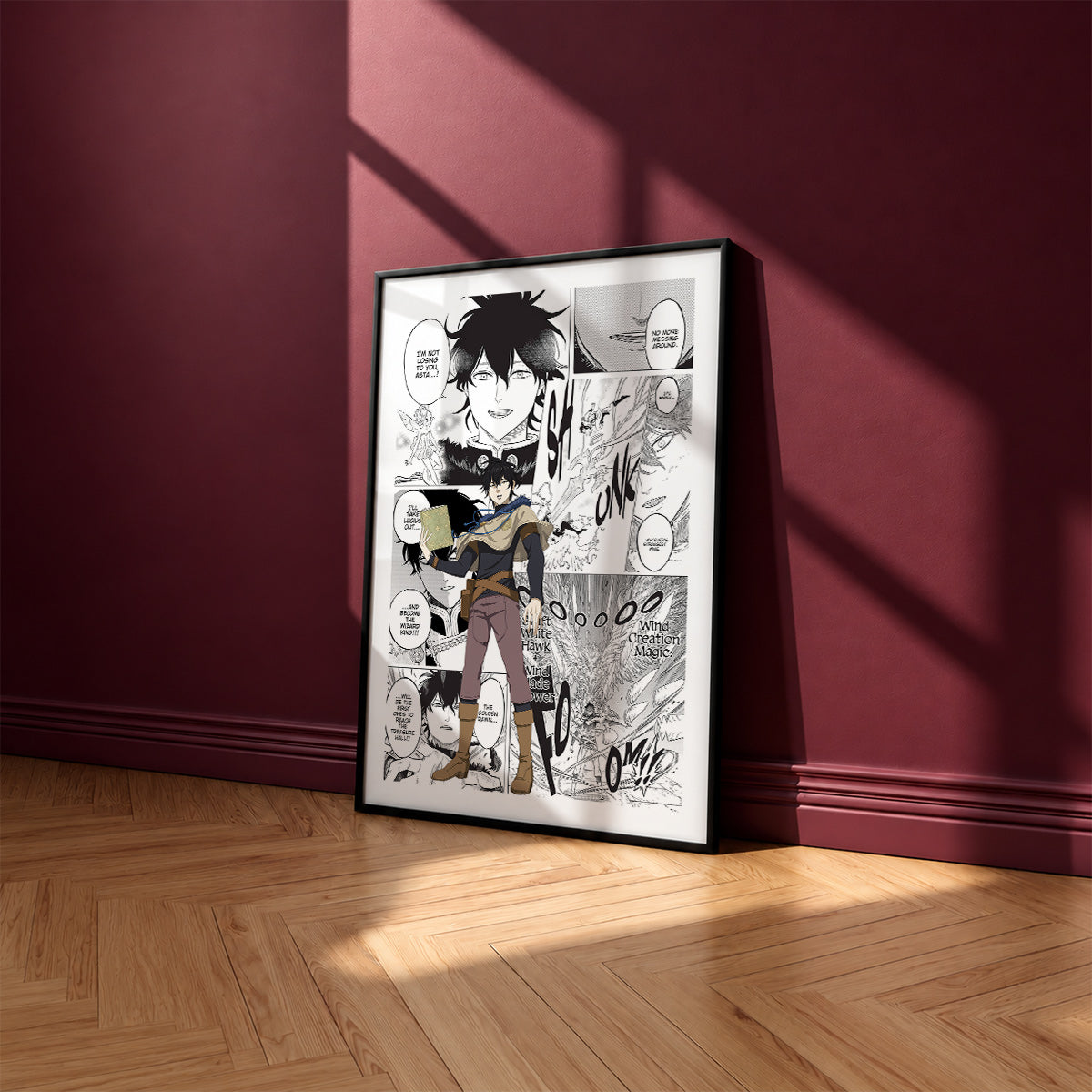 Yuno manga poster inspired by Black Clover in a black frame against a burgundy wall
