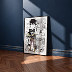 Yuno manga poster inspired by Black Clover in a black frame against a navy blue wall
