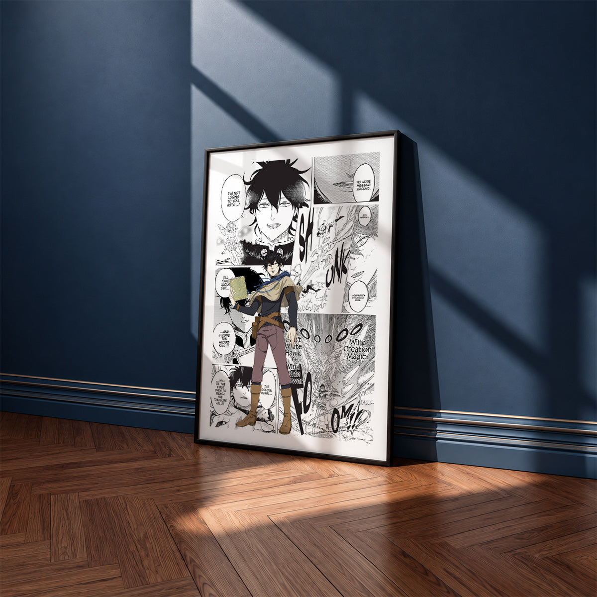 Yuno manga poster inspired by Black Clover in a black frame against a navy blue wall