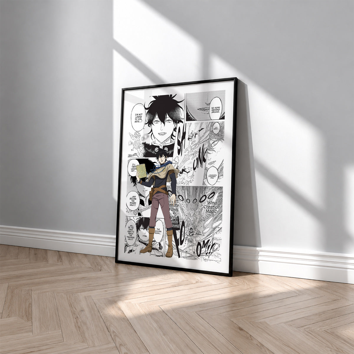 Yuno manga poster inspired by Black Clover in a black frame against a light gray wall