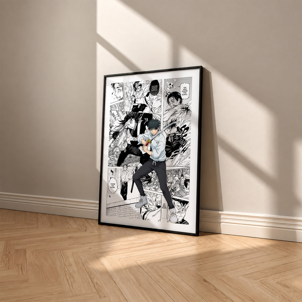Yuta Okkotsu manga poster inspired by Jujutsu Kaisen in a black frame against a warm beige wall