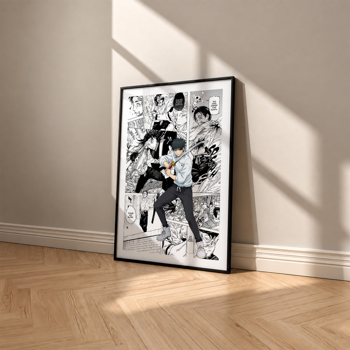 Yuta Okkotsu manga poster inspired by Jujutsu Kaisen in a black frame against a warm beige wall