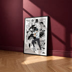Yuta Okkotsu manga poster inspired by Jujutsu Kaisen in a black frame against a burgundy wall