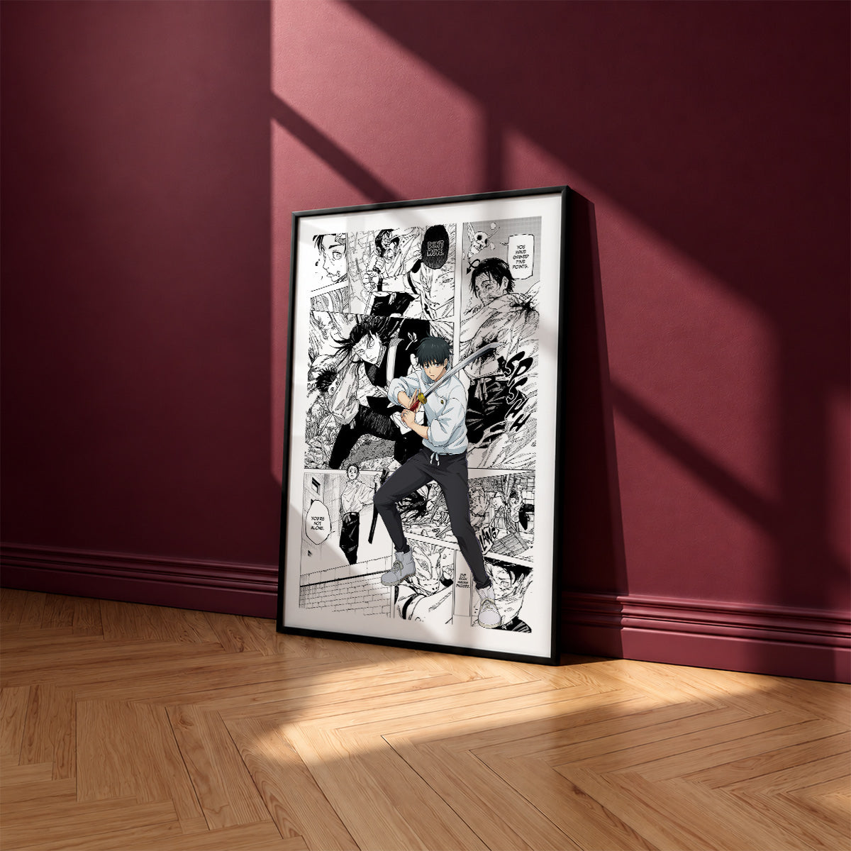 Yuta Okkotsu manga poster inspired by Jujutsu Kaisen in a black frame against a burgundy wall