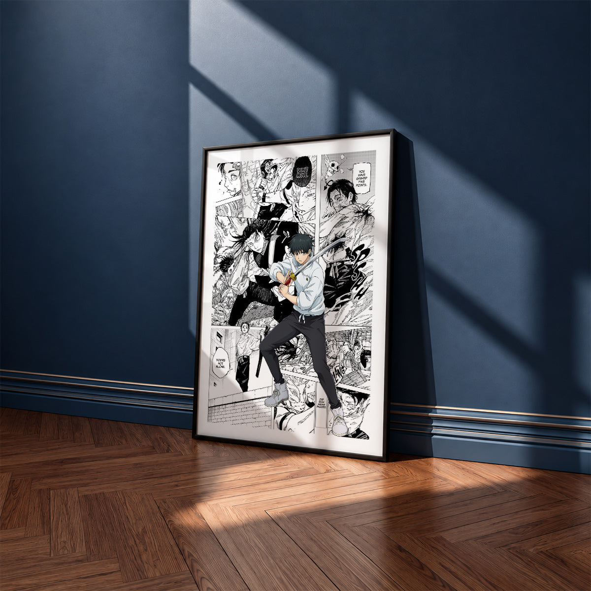 Yuta Okkotsu manga poster inspired by Jujutsu Kaisen in a black frame against a navy blue wall
