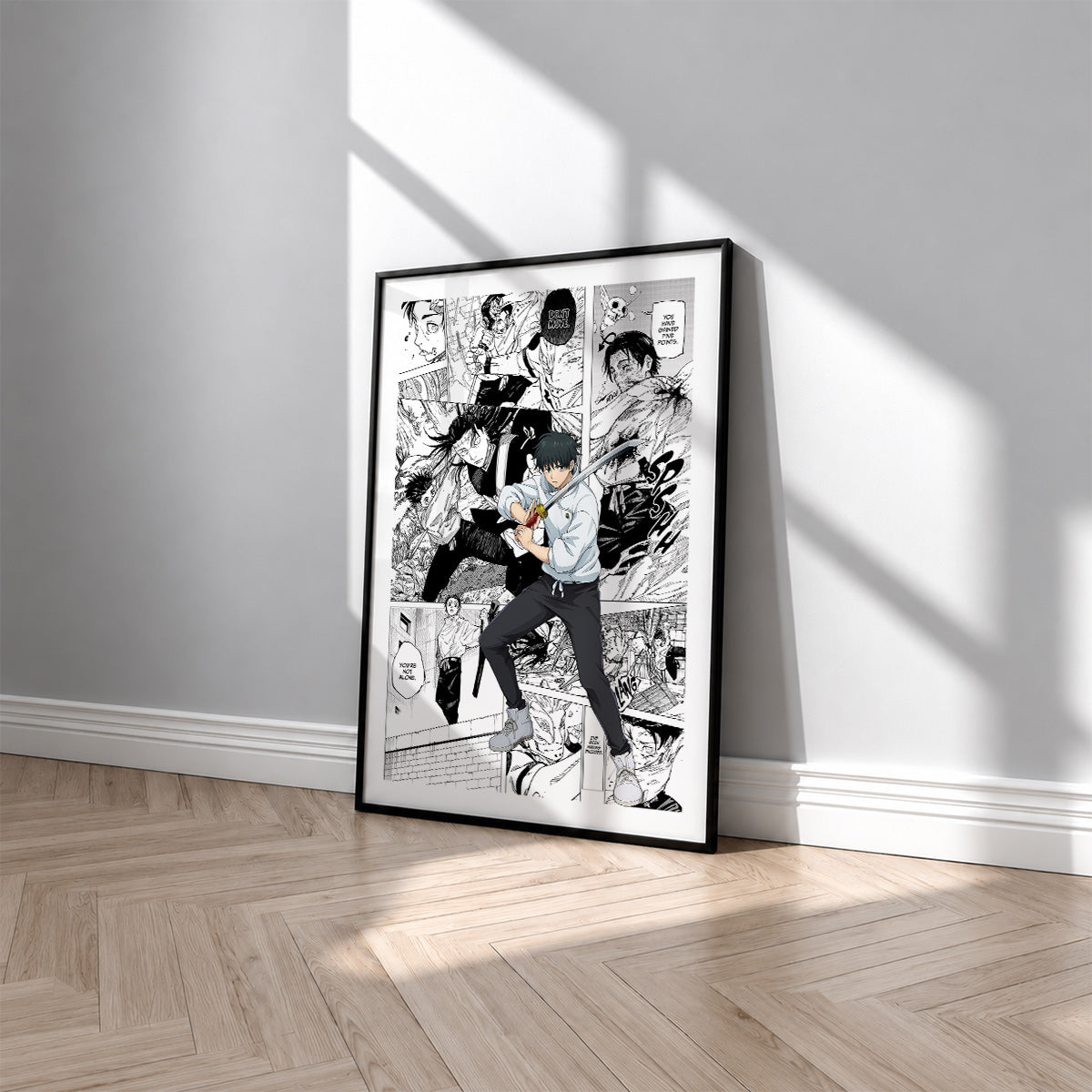 Yuta Okkotsu manga poster inspired by Jujutsu Kaisen in a black frame against a light gray wall