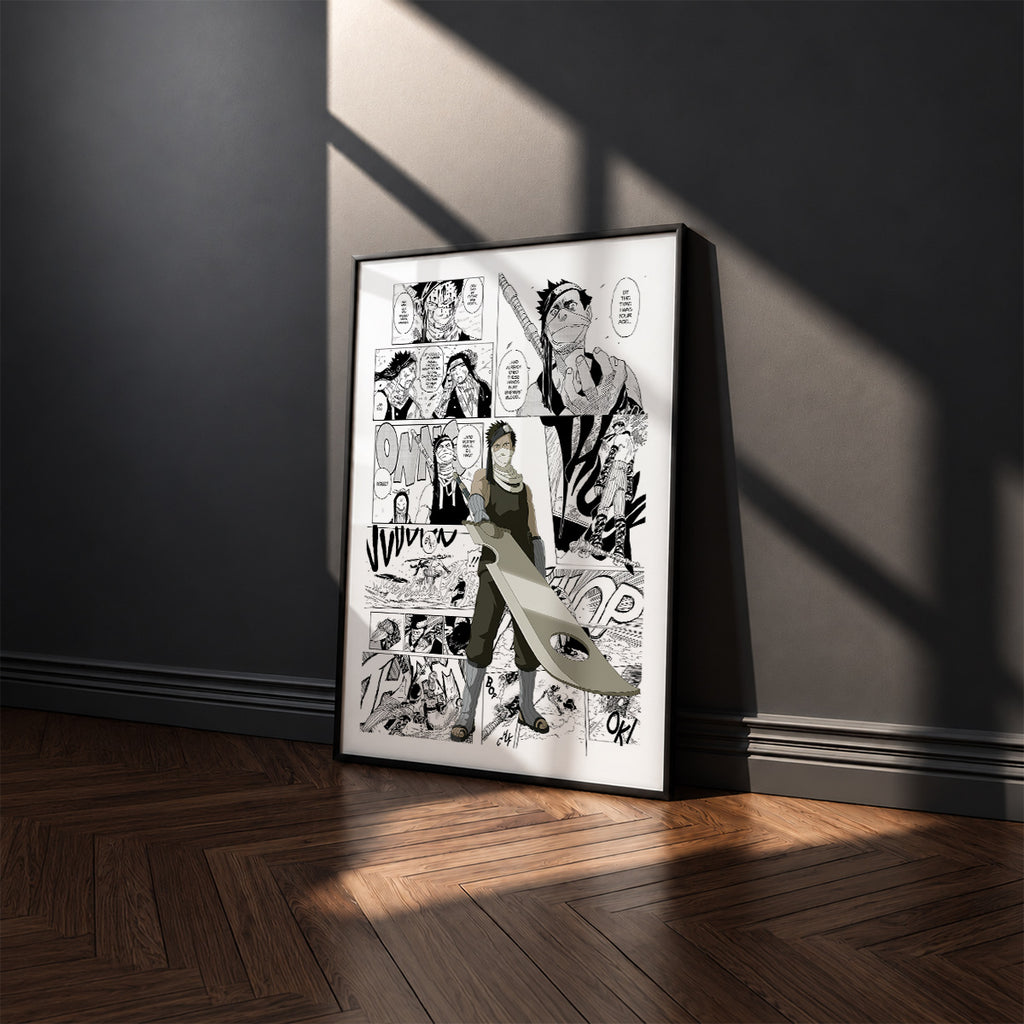 Zabuza Momochi manga poster inspired by Naruto in a black frame against a charcoal gray wall