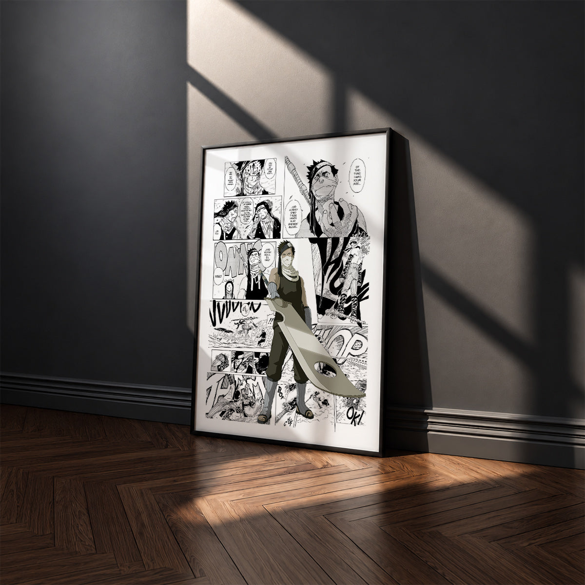 Zabuza Momochi manga poster inspired by Naruto in a black frame against a charcoal gray wall