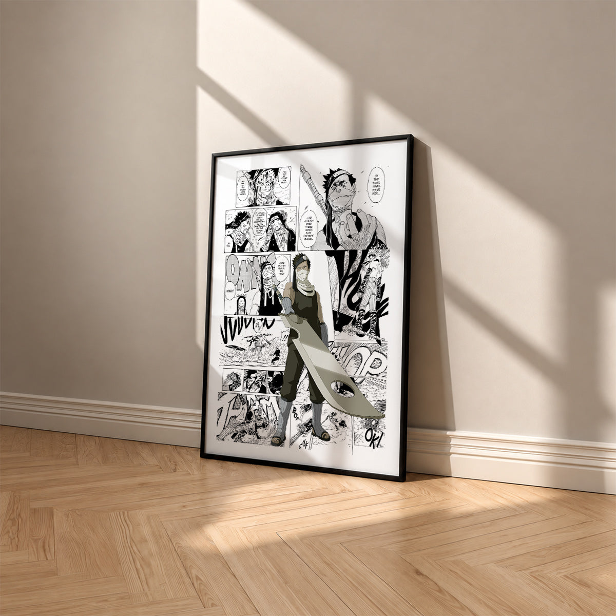 Zabuza Momochi manga poster inspired by Naruto in a black frame against a warm beige wall