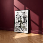 Zabuza Momochi manga poster inspired by Naruto in a black frame against a burgundy wall