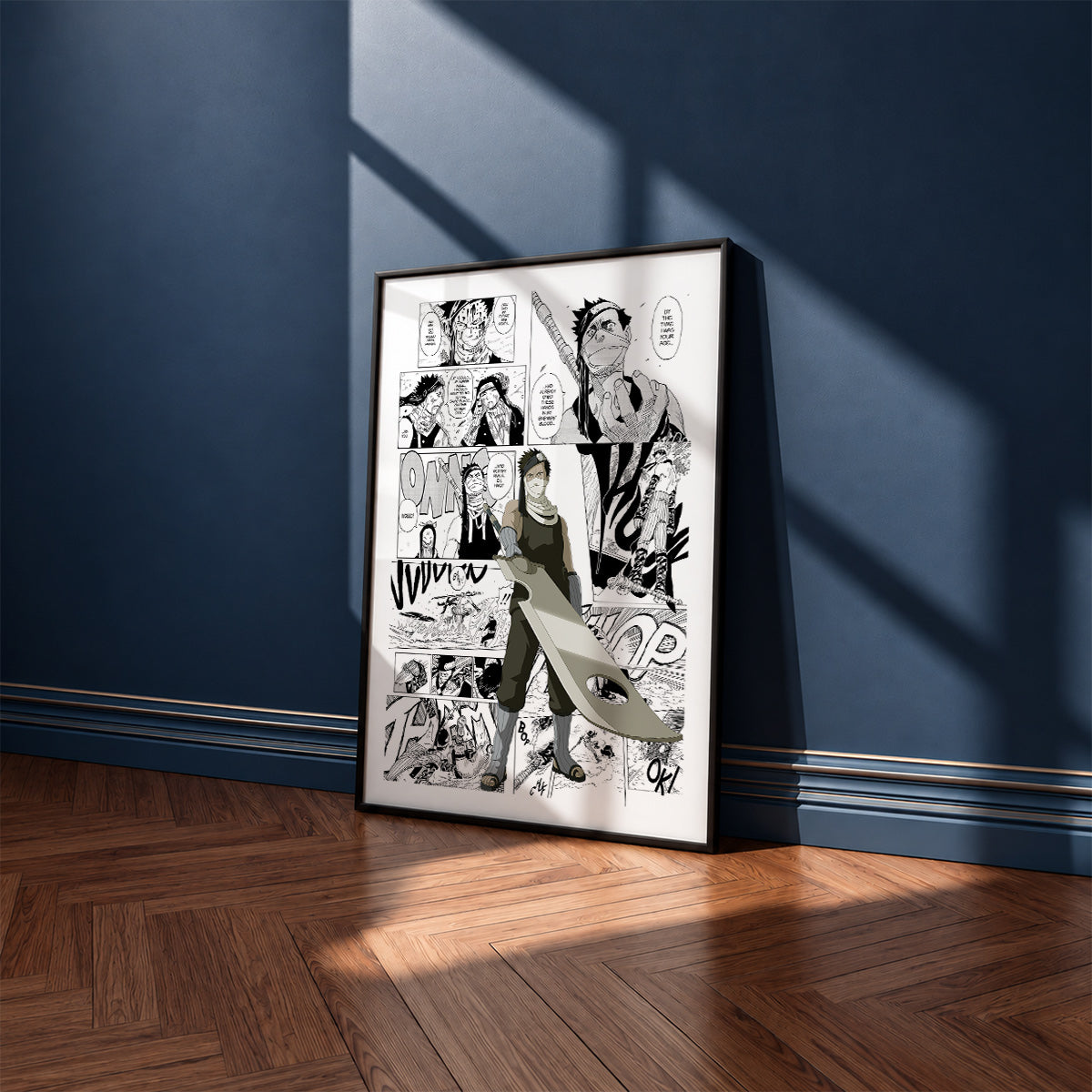 Zabuza Momochi manga poster inspired by Naruto in a black frame against a navy blue wall