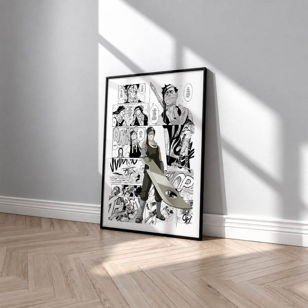 Zabuza Momochi manga poster inspired by Naruto in a black frame against a light gray wall