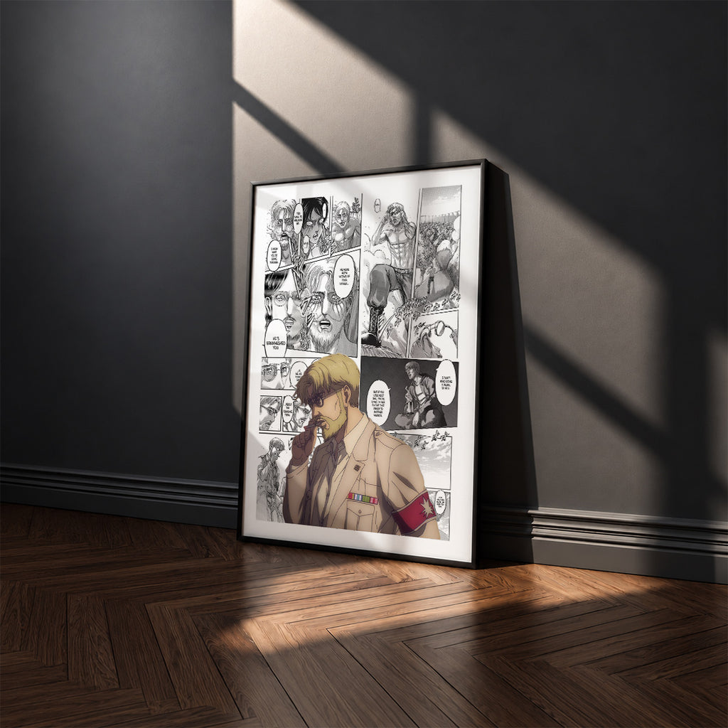 Zeke Yeager manga poster inspired by Attack on Titan in a black frame against a charcoal gray wall