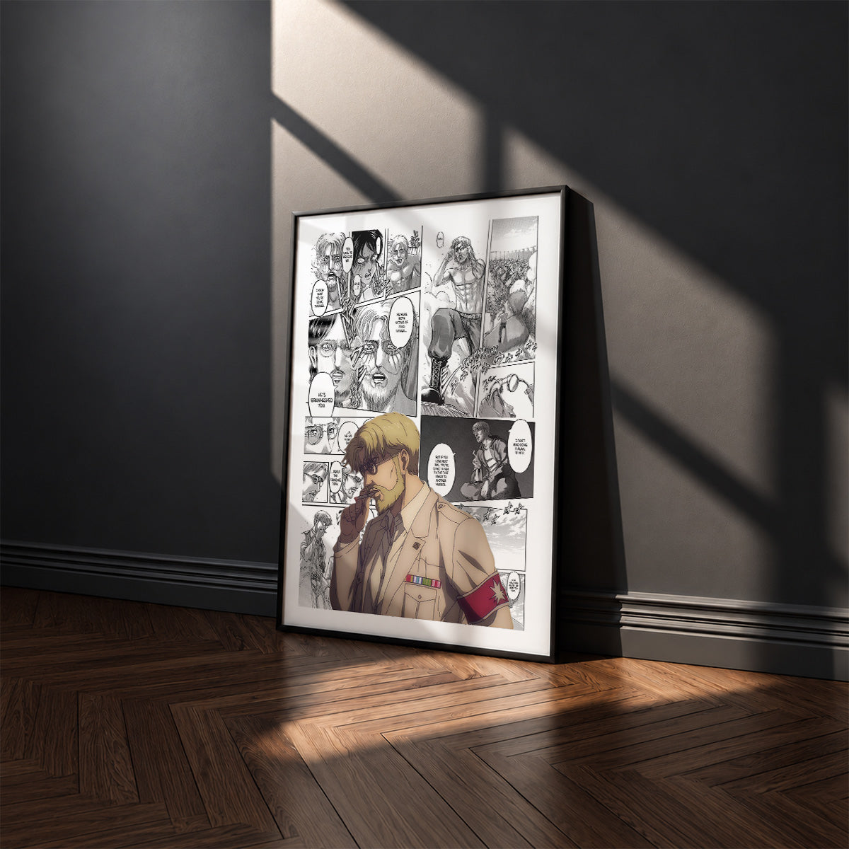 Zeke Yeager manga poster inspired by Attack on Titan in a black frame against a charcoal gray wall