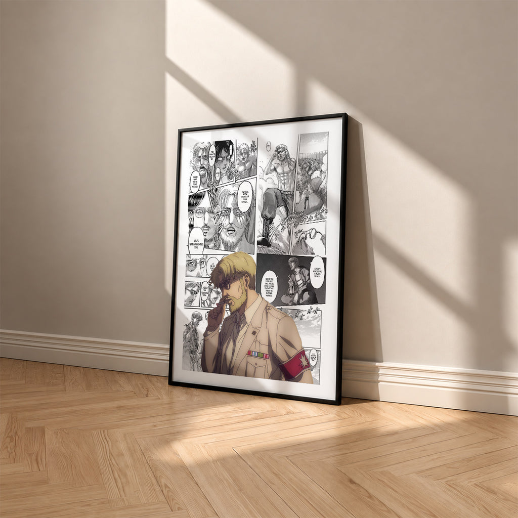 Zeke Yeager manga poster inspired by Attack on Titan in a black frame against a warm beige wall