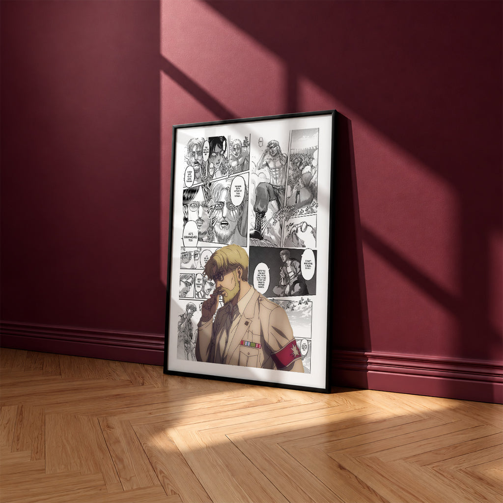 Zeke Yeager manga poster inspired by Attack on Titan in a black frame against a burgundy wall
