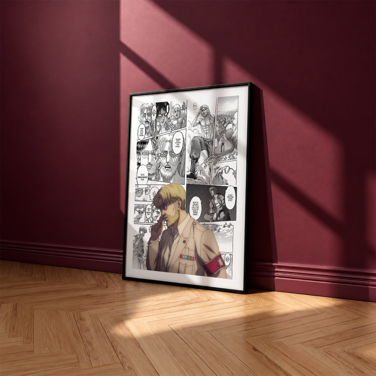 Zeke Yeager manga poster inspired by Attack on Titan in a black frame against a burgundy wall
