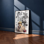 Zeke Yeager manga poster inspired by Attack on Titan in a black frame against a navy blue wall