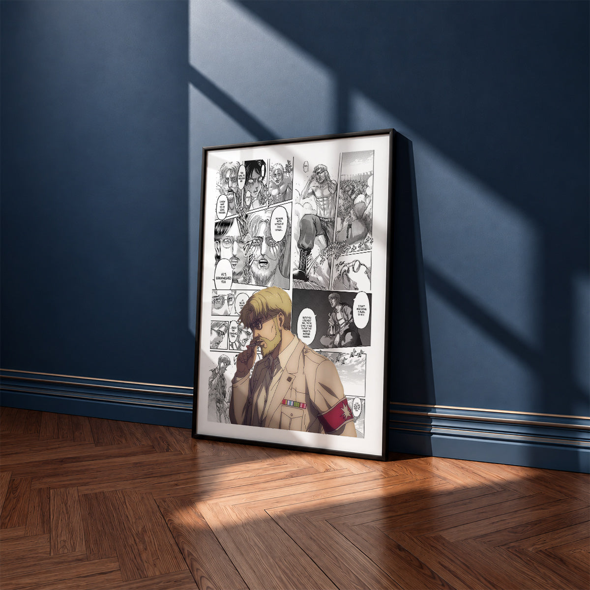 Zeke Yeager manga poster inspired by Attack on Titan in a black frame against a navy blue wall