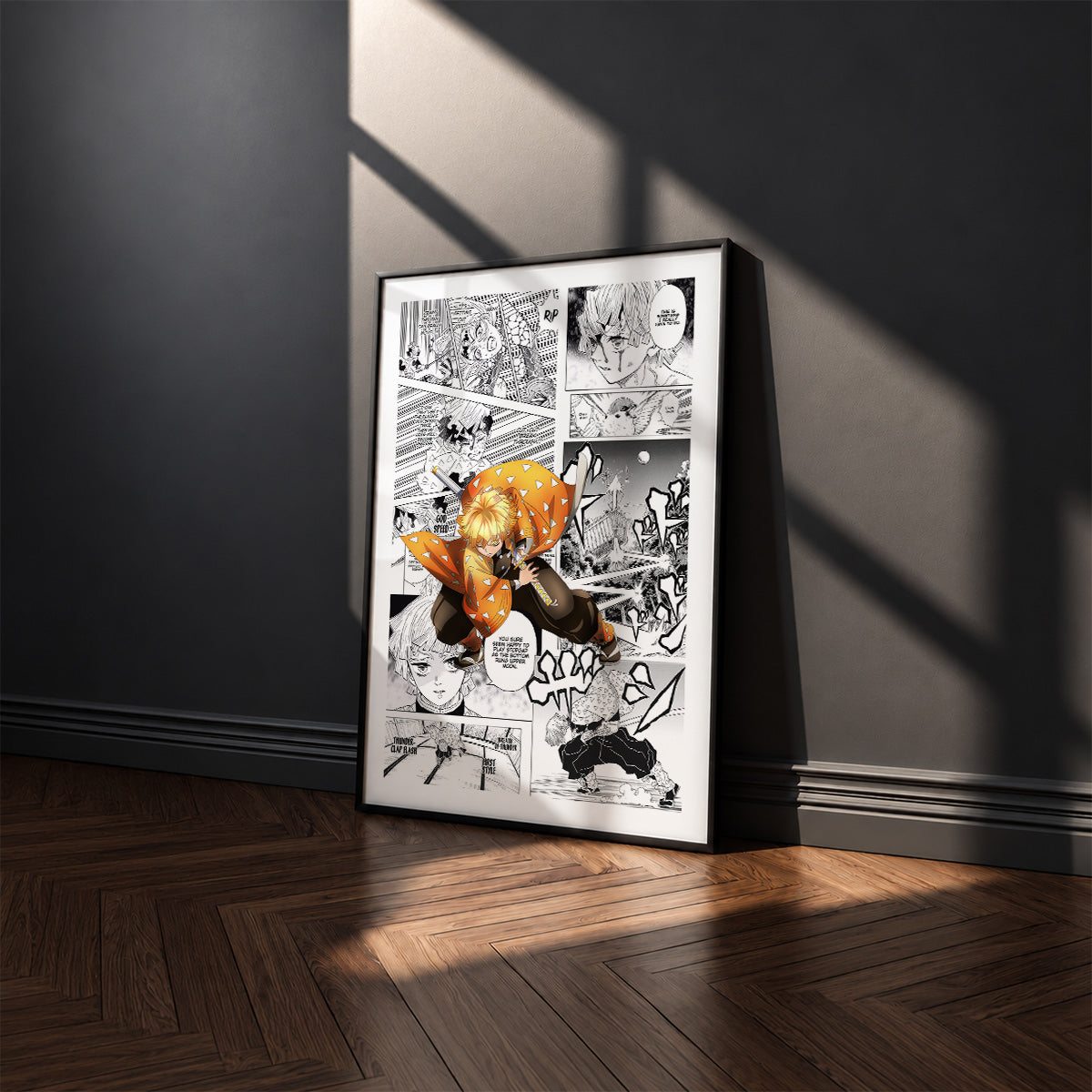 Zenitsu Agatsuma manga poster inspired by Demon Slayer in a black frame against a charcoal gray wall