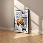 Zenitsu Agatsuma manga poster inspired by Demon Slayer in a black frame against a warm beige wall
