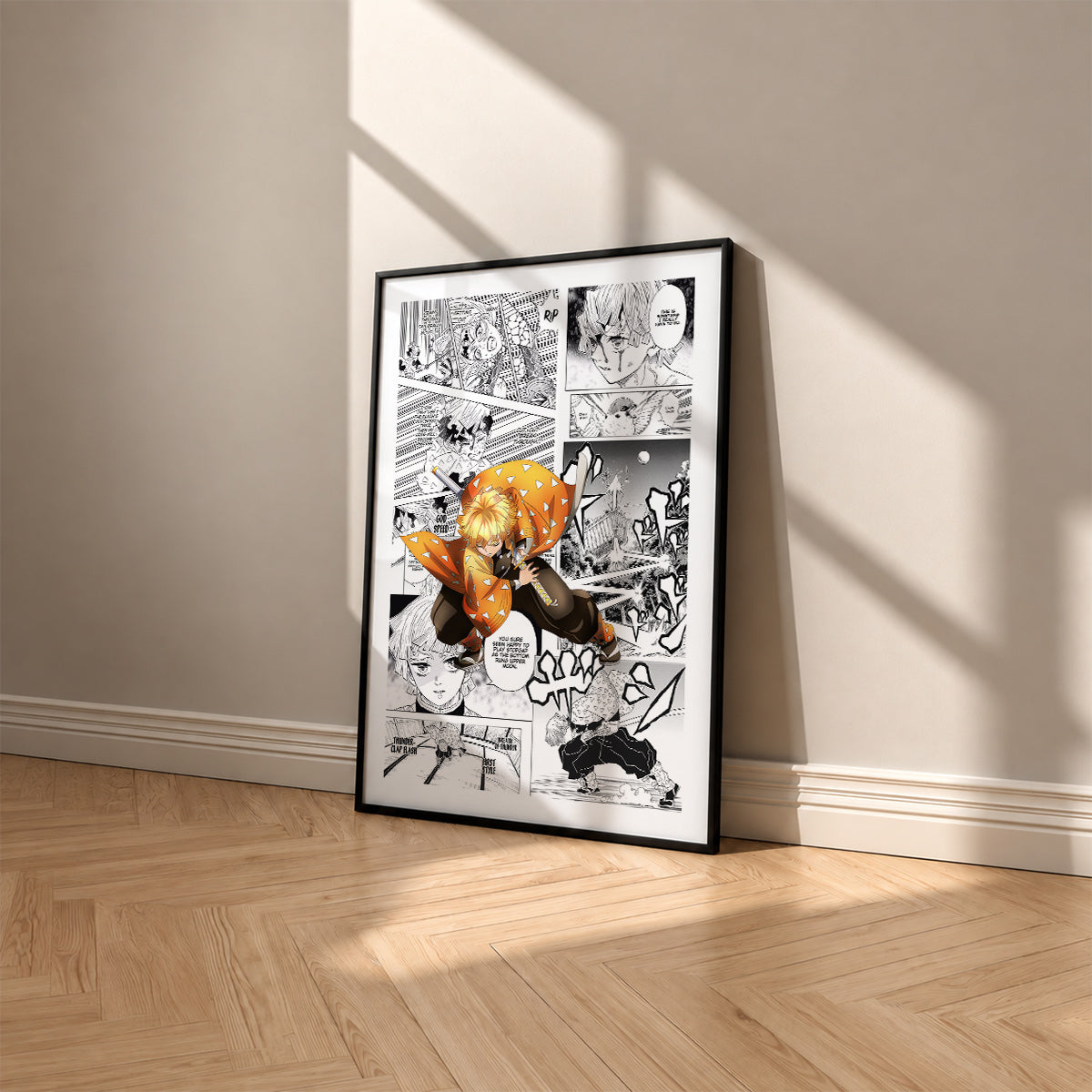 Zenitsu Agatsuma manga poster inspired by Demon Slayer in a black frame against a warm beige wall