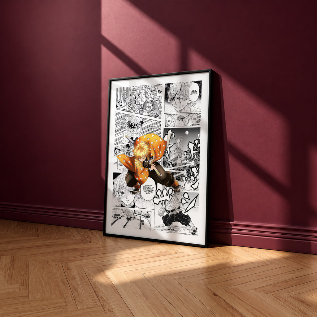 Zenitsu Agatsuma manga poster inspired by Demon Slayer in a black frame against a burgundy wall