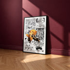 Zenitsu Agatsuma manga poster inspired by Demon Slayer in a black frame against a burgundy wall
