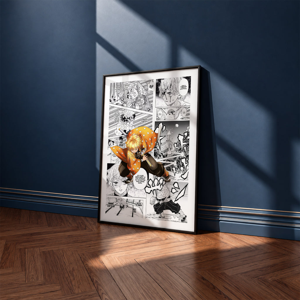Zenitsu Agatsuma manga poster inspired by Demon Slayer in a black frame against a navy blue wall