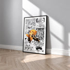 Zenitsu Agatsuma manga poster inspired by Demon Slayer in a black frame against a light gray wall