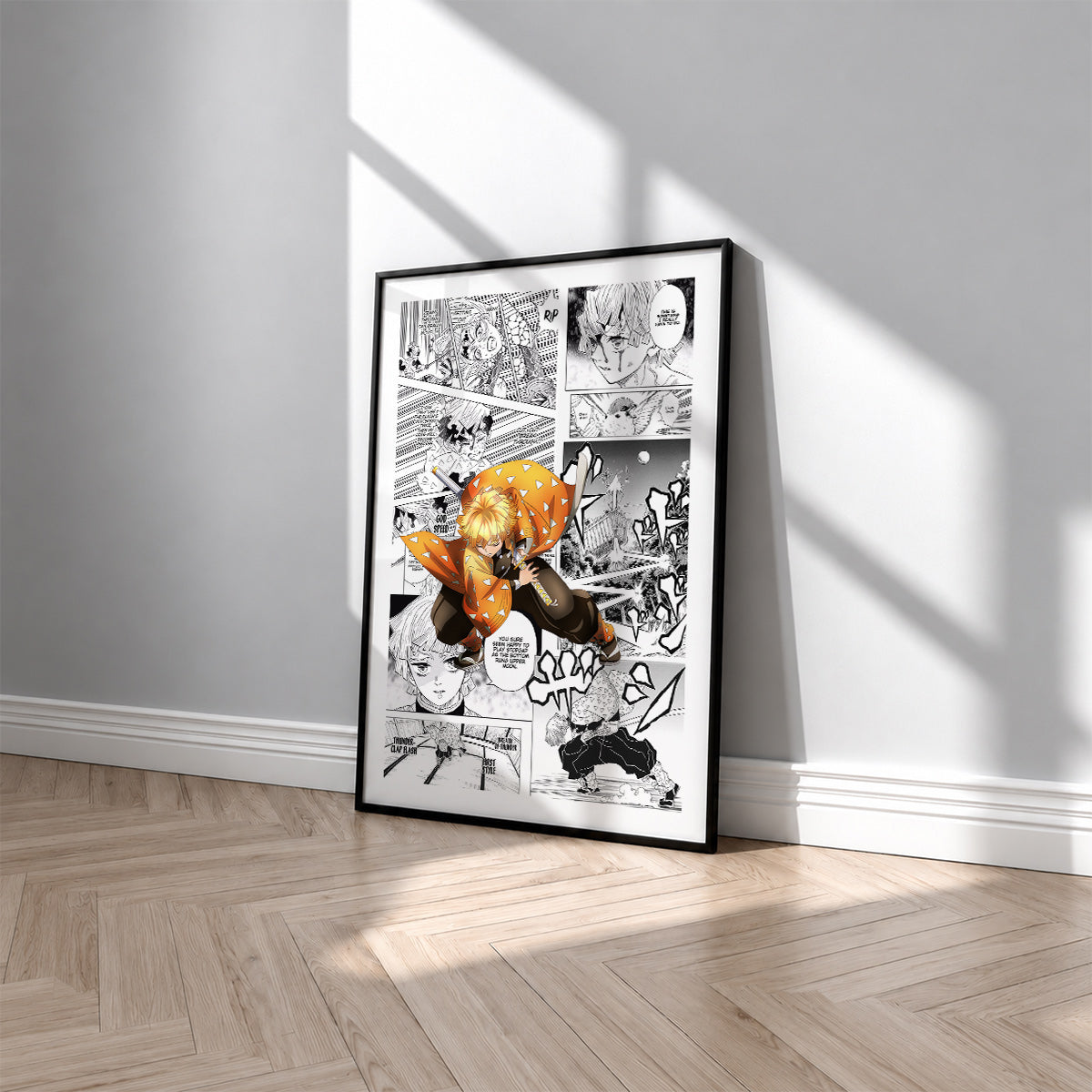 Zenitsu Agatsuma manga poster inspired by Demon Slayer in a black frame against a light gray wall